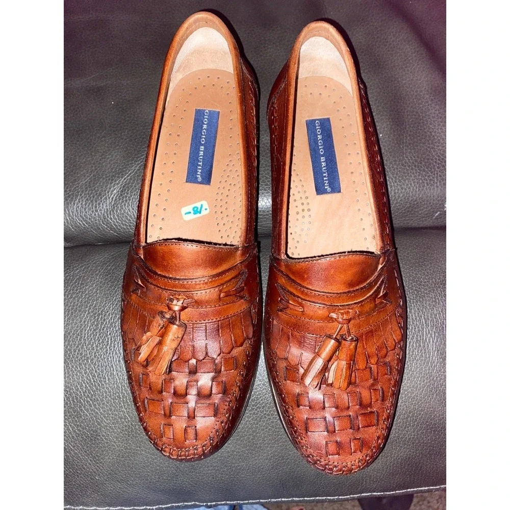 Giorgio Brutini Mens Leather‎ Tassel Loafer Shoes Brown Woven Size 10
